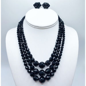 Vintage Austria Black Faceted Glass Triple Strand Necklace Pierced Earrings Set